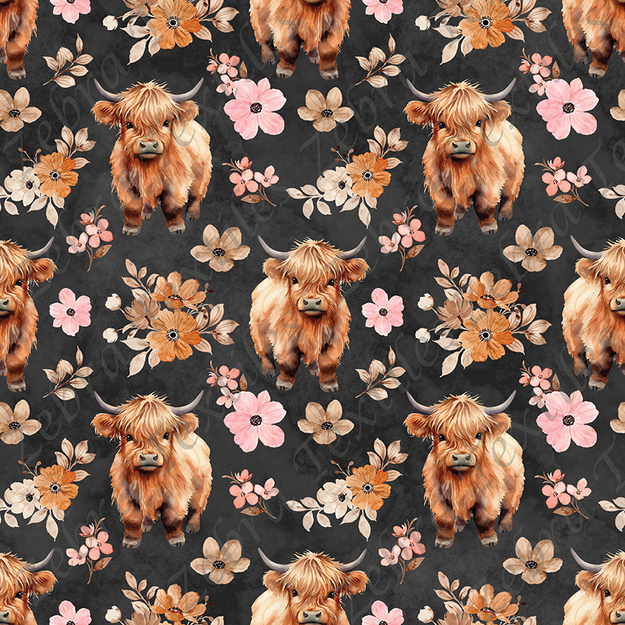 Vache Highland floral boho fond noir