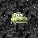 Voiture cartoon verte fond noir étoilé