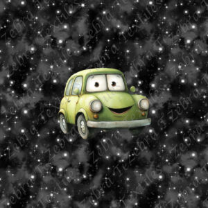 Voiture cartoon verte fond noir étoilé