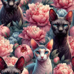 Chat sphinx noir et pivoine rose