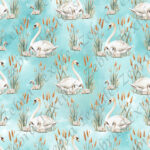 Cygne blanc et bébé fond aqua