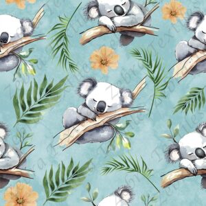 Koala et feuillage fond aqua
