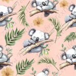 Koala et feuillage fond rose