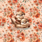Loutre famille et fleur corail fond floral