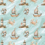Oiseau pirate et bateau fond sarcelle