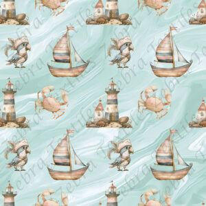 Oiseau pirate et bateau fond sarcelle