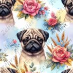 Pug floral rose fond aquarelle