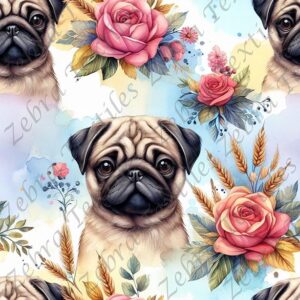 Pug floral rose fond aquarelle