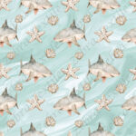 Requin et coquillage fond sarcelle