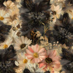 Chat noir et fleur rosé