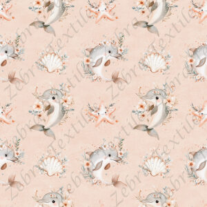 Dauphin et coquillage floral fond rose