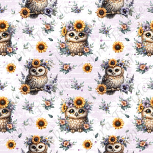 Hibou et tournesol fond mauve