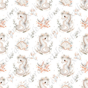 Hippocampe et coquillage floral fond blanc