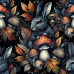 Lapin noir et feuillage orangé fond noir