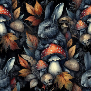Lapin noir et feuillage orangé fond noir