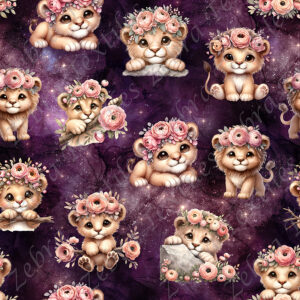 Lion et fleur rosé fond nébuleuse