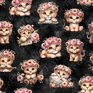 Lion et fleur rosé fond noir