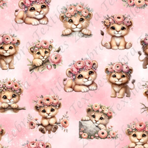 Lion et fleur rosé fond rose