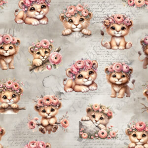 Lion et fleur rosé fond taupe
