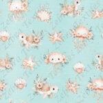 Méduse et tortue floral fond aqua