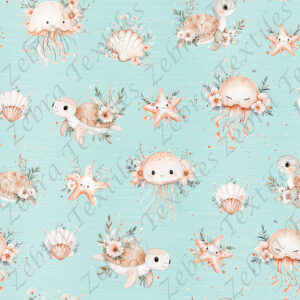 Méduse et tortue floral fond aqua