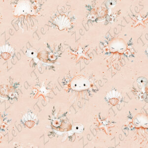 Méduse et tortue floral fond rosé