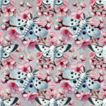 Papillon blanc et fleur de cerisier fond gris
