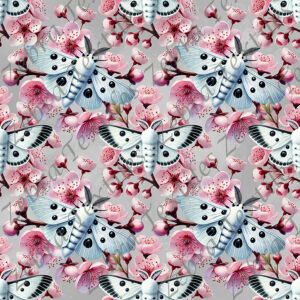Papillon blanc et fleur de cerisier fond gris