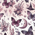 Papillon mauve et feuillage fond crème