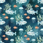 Sous-marin et poisson clown fond aqua
