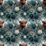 Vache highland floral aqua blanche