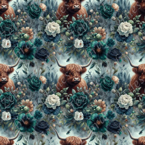 Vache highland floral aqua blanche