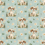 Chien et marguerite fond sarcelle