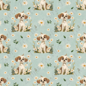 Chien et marguerite fond sarcelle