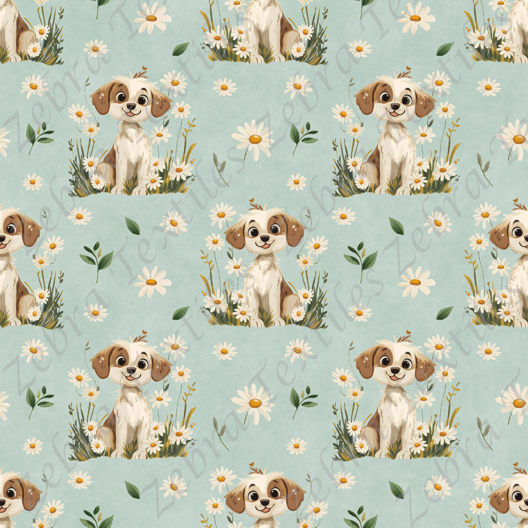 Chien et marguerite fond sarcelle