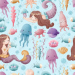 Sirène et méduse fond bleu