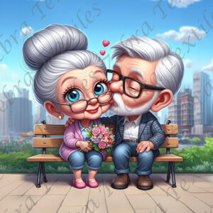 Amour passionnel assit sur un banc fond ville
