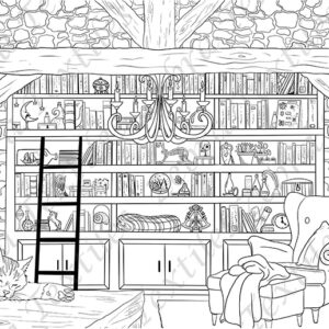 Bibliothèque et chat napperon à dessiner