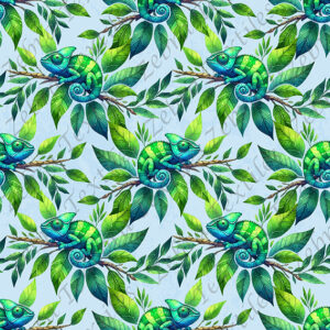 Caméléon vert et feuillage fond bleu