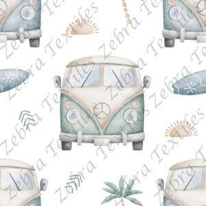 Camper bleu aqua et surf fond blanc