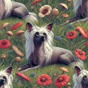 Chien nu couché dans l'herbe floral rouge