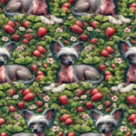 Chien nu et champs de fraises