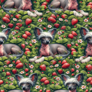 Chien nu et champs de fraises