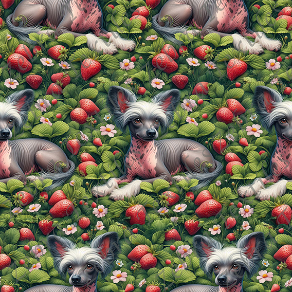 Chien nu et champs de fraises