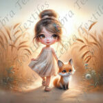 Fillette et renard dans le champs de blé