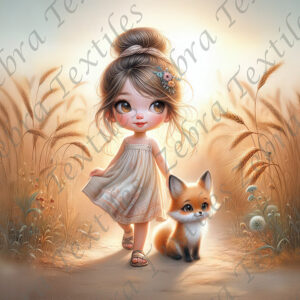Fillette et renard dans le champs de blé