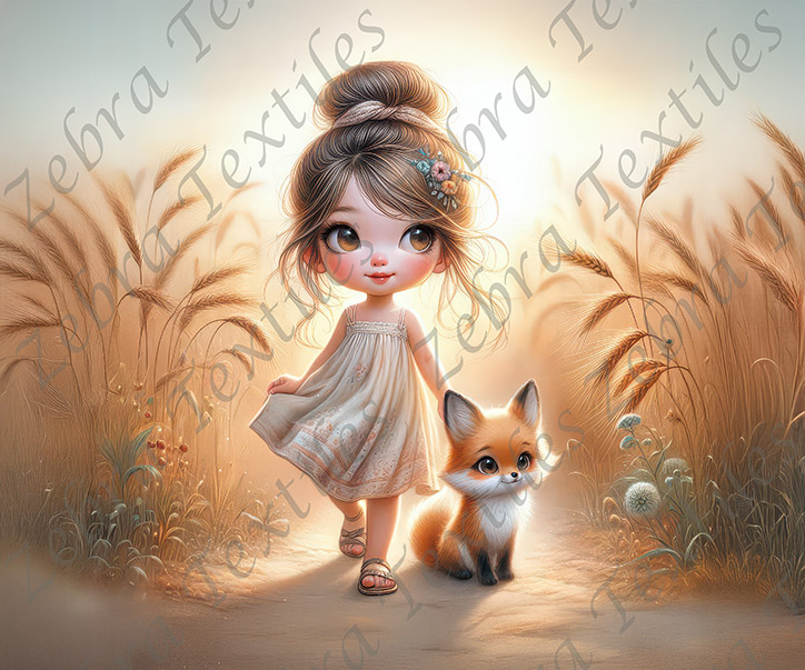 Fillette et renard dans le champs de blé