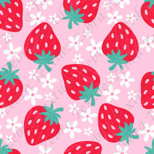 Fraise et fleur blanche fond rose