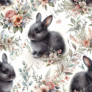 Lapin noir floral fond blanc