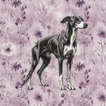Lévrier noir fond floral mauve